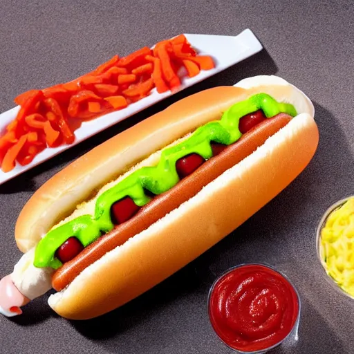 Prompt: promotional photo of a delicious hot dog with broccoli, ketchup and mustard, detailed, uhd, 8k,