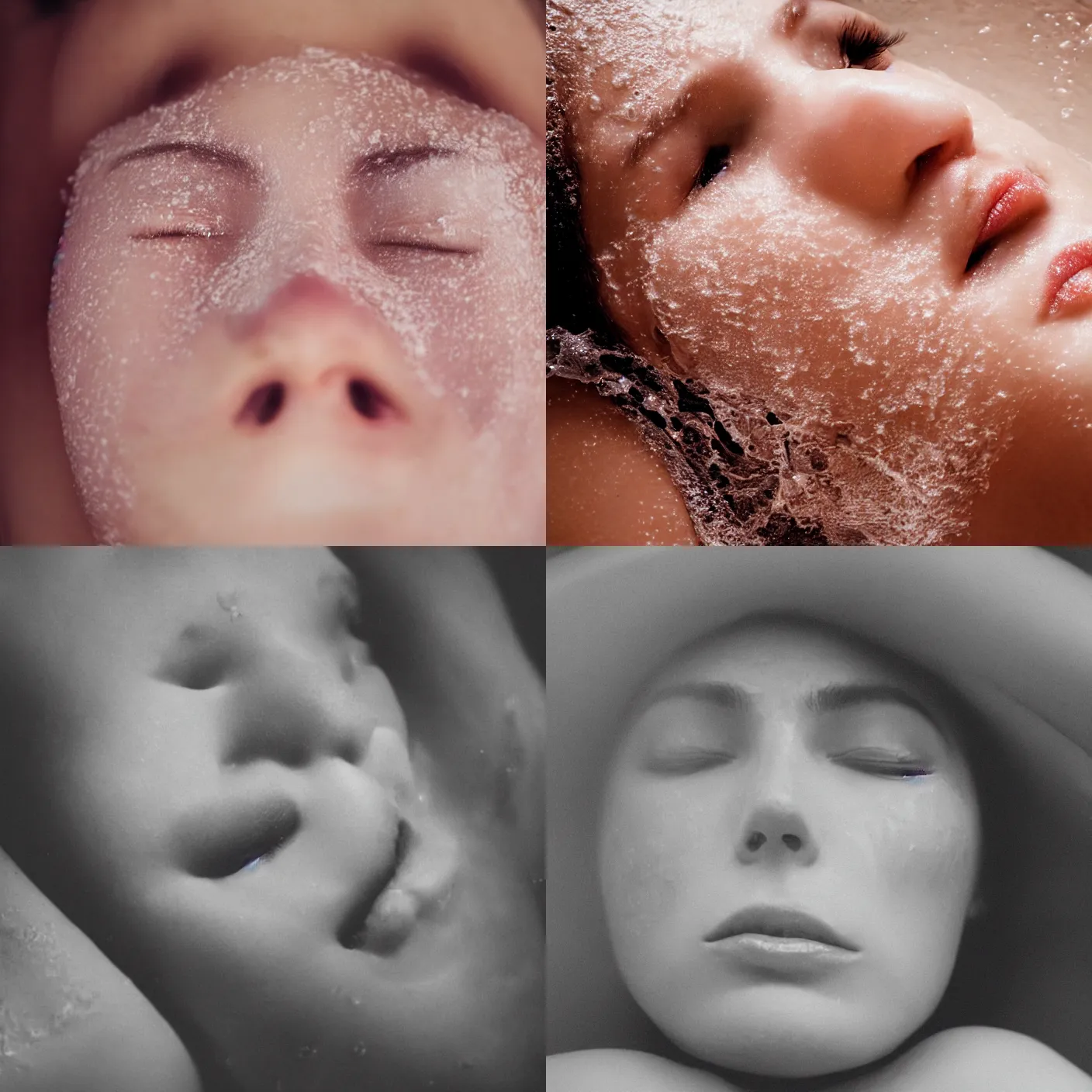Prompt: photography of a woman's face submerged in milkbath. closed eyes. kodak. hq. ethereal.