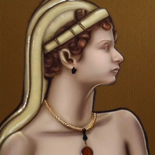 Image similar to amulet of helen of troy on a young beautiful woman neck, hyper realistic,