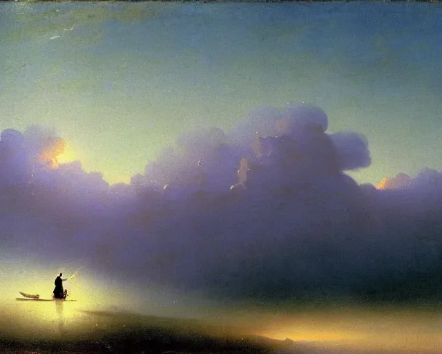 Image similar to A slightly silhouetted figure of a man with a guitar, clouds that look like mountains the clouds are a deep blue purple color with the sun blazing behind the clouds, art by Ivan Aivazovsky