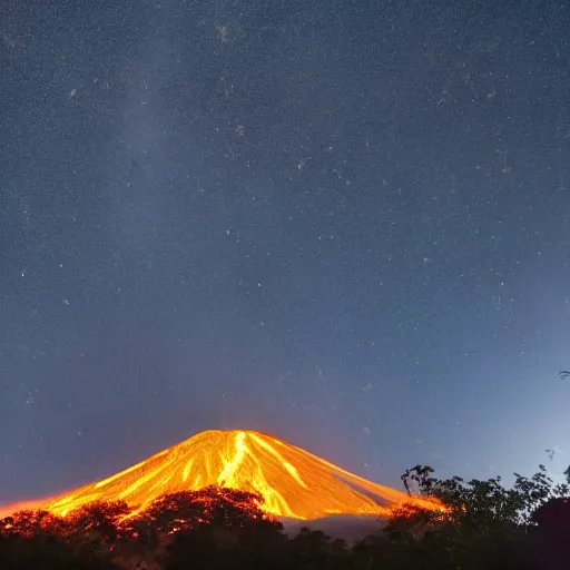 Image similar to photo of a volcano in eruption with a lot of flowers, bright shootings stars in the sky in the background, highly detailled, 4 k