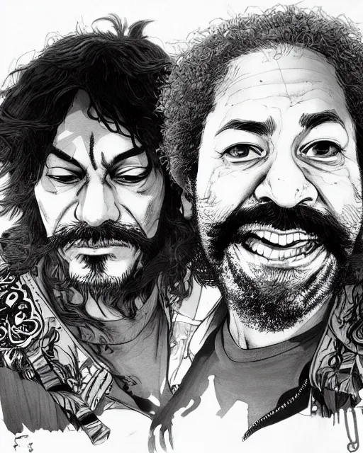 Image similar to portrait of cheech and chong, concept art, sumi - e style, intricate linework, artstation, trending, highly detailed, smooth, focus, art by yoji shinkawa,