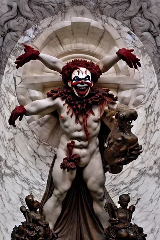 Prompt: Epic and painful view of Evil Clown statue sculpted on white stained marble by Bernini and kris kuksi, Wayne Barlowe, Maxfield Parrish, Mucha and Artem Demura