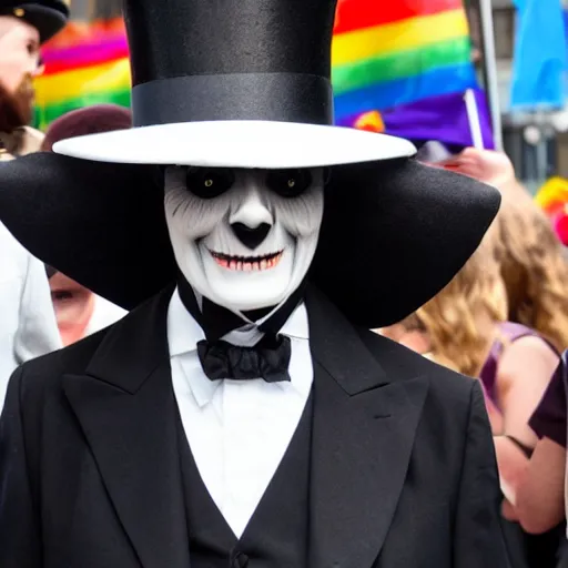 Prompt: The Babadook in black coat and top hat at a pride parade, photograph