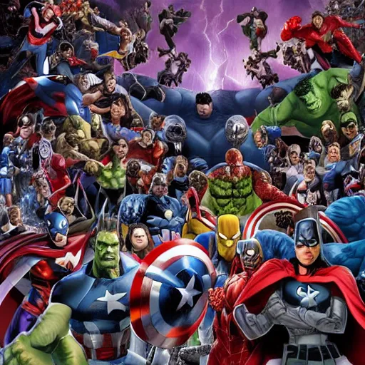 Prompt: a large-scale battle of Marvel superheroes against DC villains, hyper realism, very detailed, fantasy, epic, dramatic light, 8k resolution