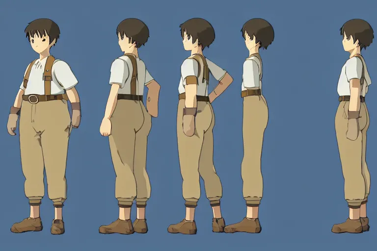 Image similar to a reference sheet containing three pictures of a t position hero by ghibli studio, front back view and side view, t position proportions, ready to model,