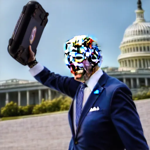 Image similar to A professional photograph of Joe Biden going to the US capital with a hoverboard, HDR, 8k,