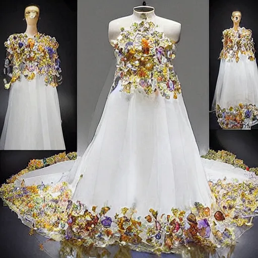 Image similar to a long wedding dress with a train made of flower petals made of light - colored fabric. transparent in places. in places, patterns of precious stones. intricate patterns of gold thin threads. fantasy. clear details