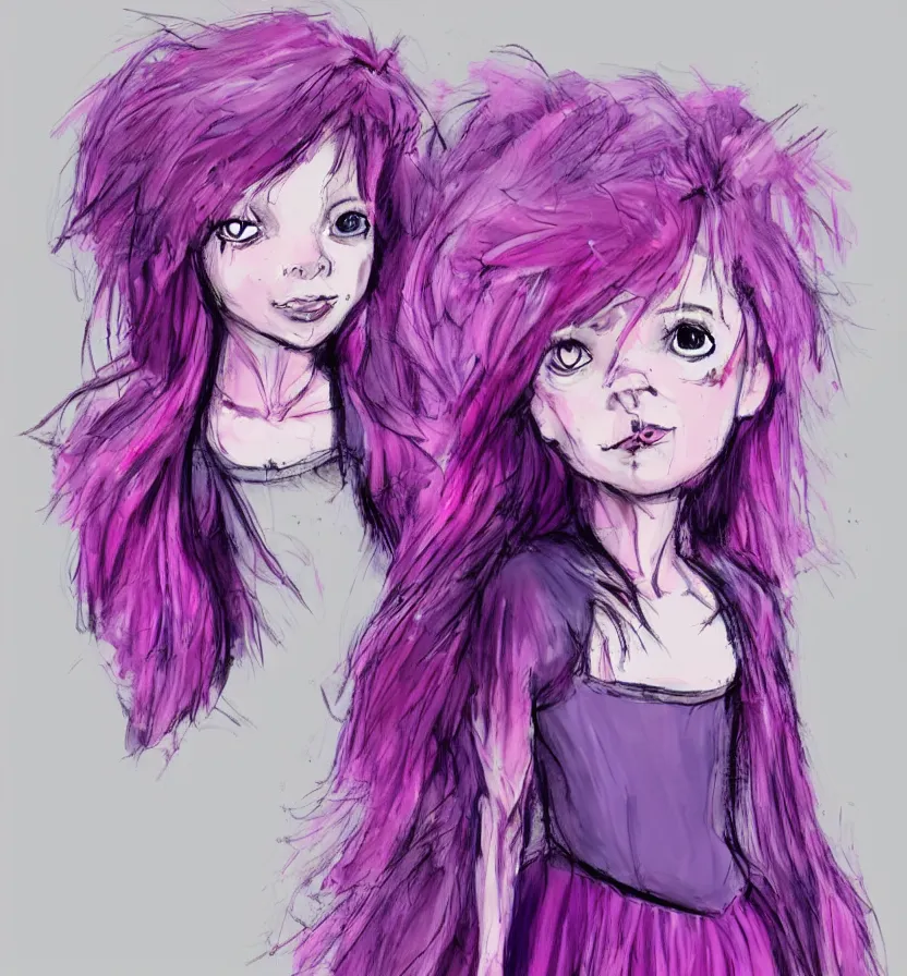 Image similar to little girl with eccentric pink hair wearing a dress made of purple fur, anatomically perfect, concept art, smooth