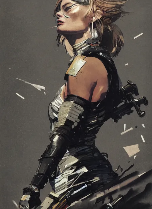 Prompt: Margot Robbie wearing metal gear armor holding gun dramatic lighting art by Richard Schmid by Hokusai by Yoji Shinkawa by greg rutkowski by Sandra Chevrier by Jeremy Lipking cinematic dramatic