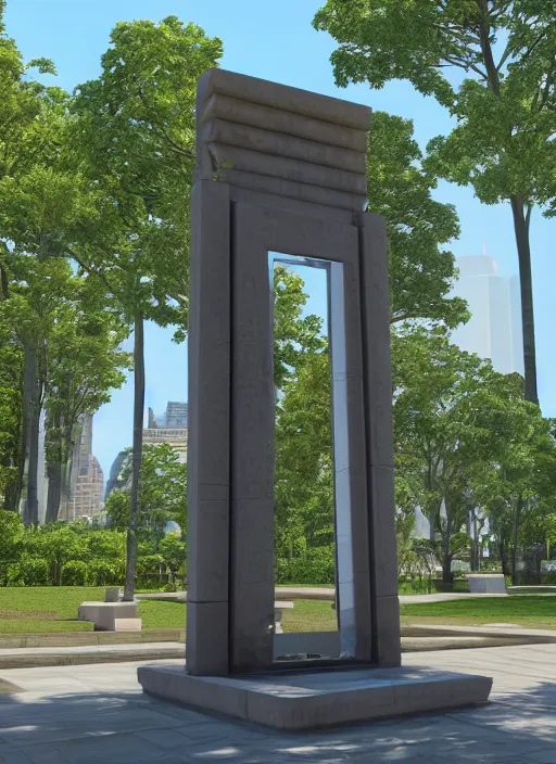 Image similar to highly detailed realistic architecture 3 d render of a futuristic mirror stele monument in frank lloyd wright style standing in city park, archdaily, made in unreal engine 4 octane render