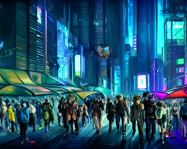 Image similar to high - resolution photograph from a cyberpunk era furry fandom convention ( midwest furfest 2 0 4 7 ), taking place after the genetic revolution and singularity. photorealistic.