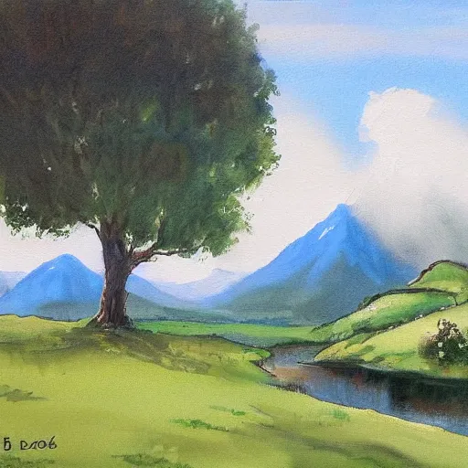 Image similar to landscape painting of bag - end, tolkein, painting by bob ross