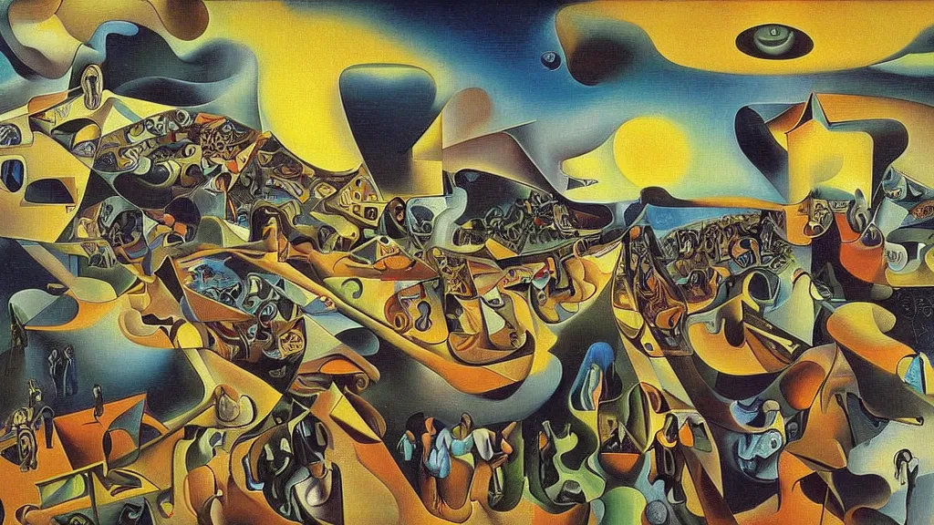 Prompt: unholy gathering, 4K, Futurism & Precisionism, colorized, by collaboration of Salvador Dali, Van Gogh and M. C. Escher