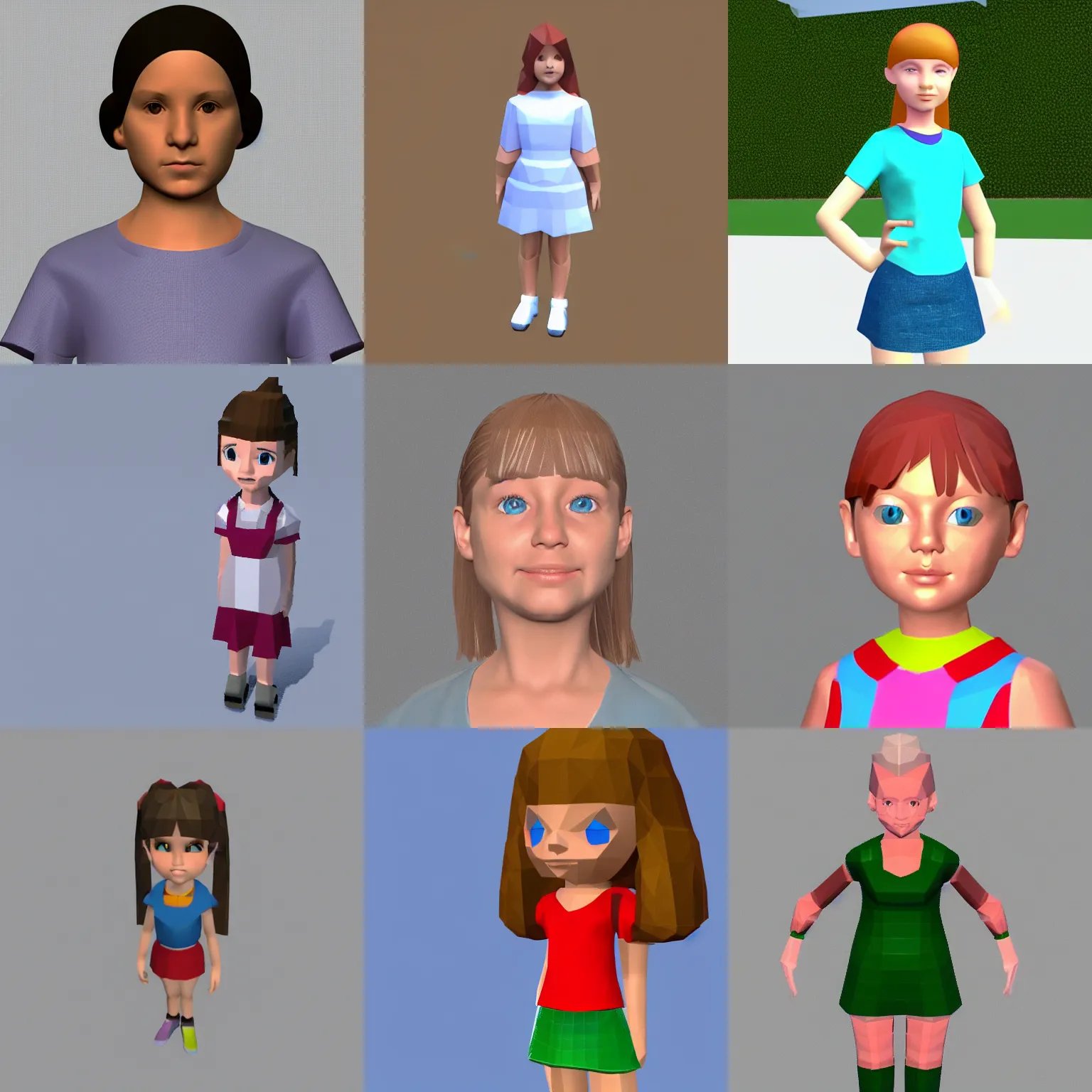 Prompt: a 3 d model of a ten year old girl for the nintendo 6 4, low poly, low resolution, bad graphics