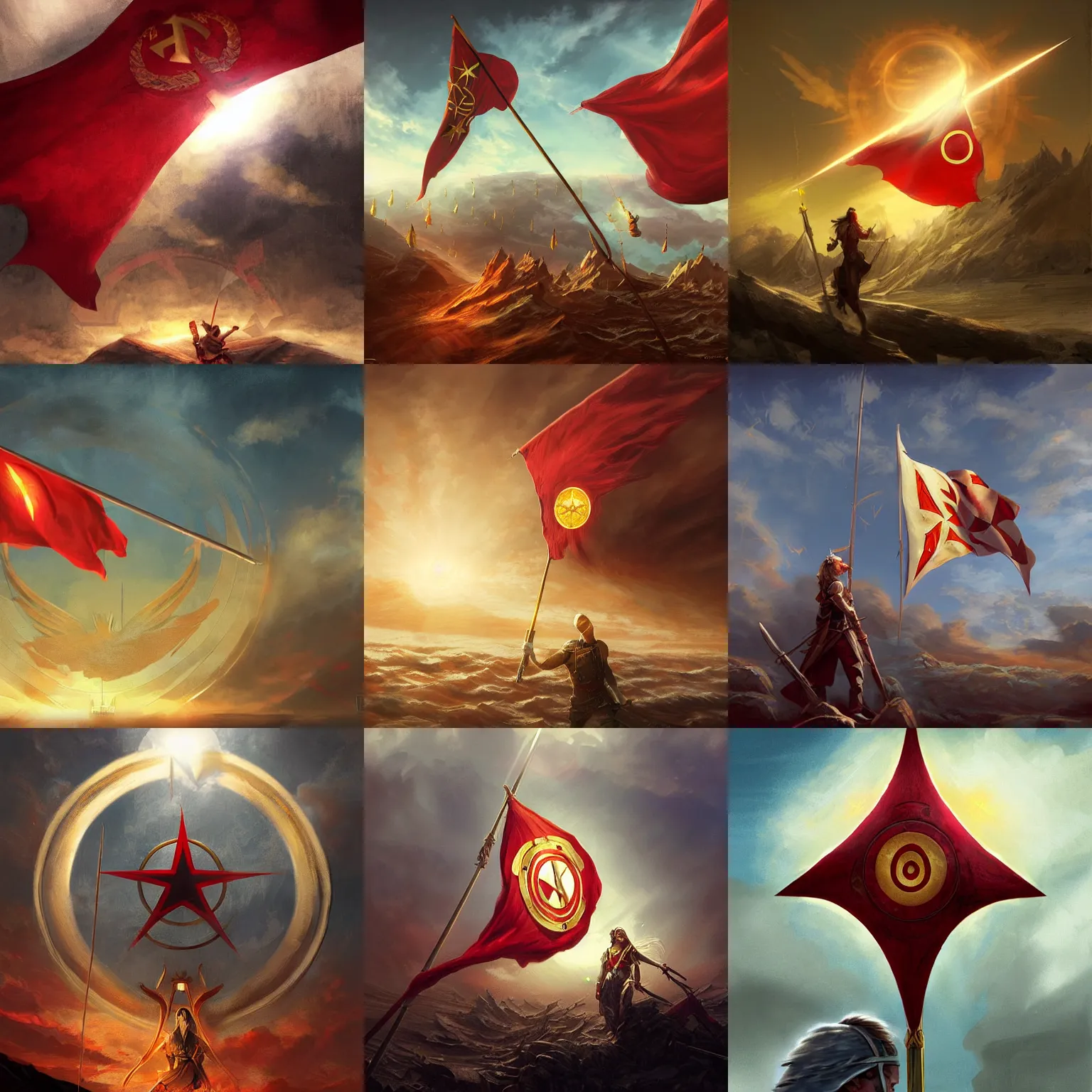 Prompt: red pointed flag with golden sun symbol floating in sky, intricate, highly detailed, digital painting, concept art, sharp focus, illustration, aleksi briclot, rutkowski