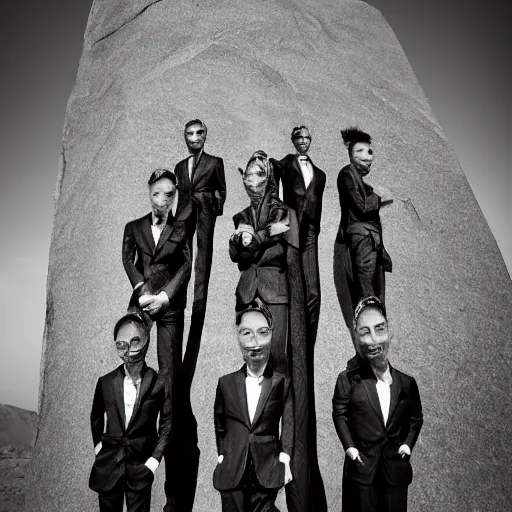 Image similar to Contamporary art fashion photography of ultra mega super hyper realistic detailed group of monkey's in suits standing around very highly detailed stainless steel monolith situated in the desert. Photo shot on ultra mega super hyper Leica Camera