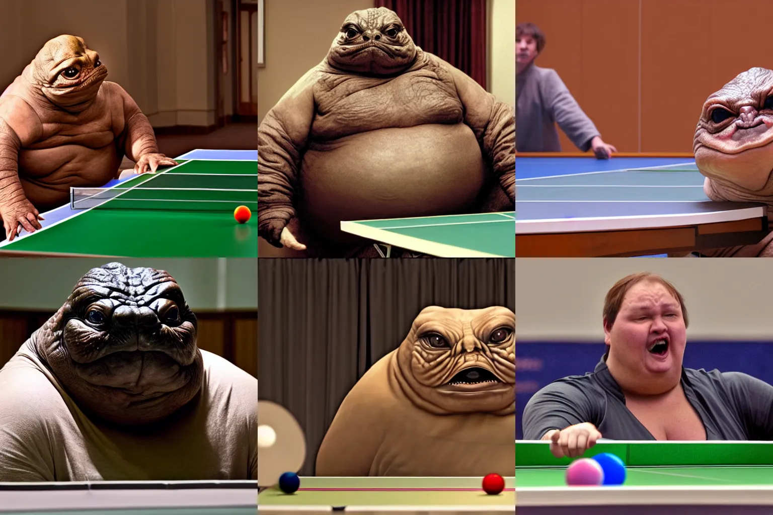 Prompt: realistic still of Jabba the Hutt playing table tennis