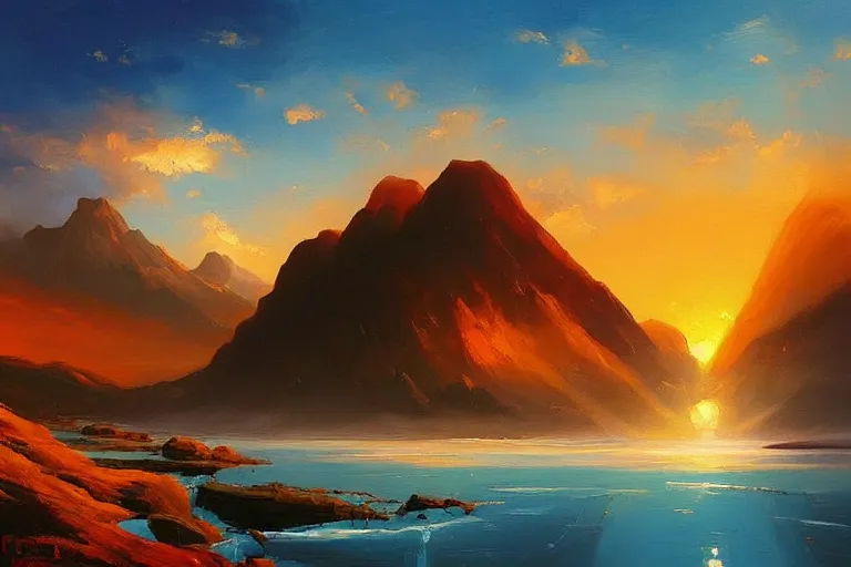 Image similar to a beautiful oil painting abstract nature landscape with clouds, mountains, in background, sunset, by rhads