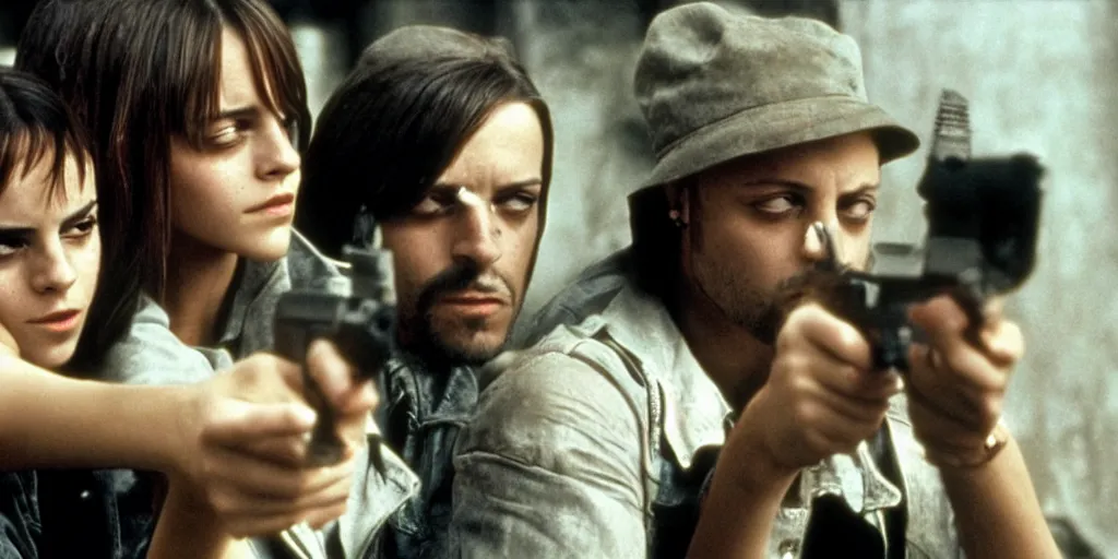 Image similar to Emma Watson and Jean Reno in Leon The Professional holding guns