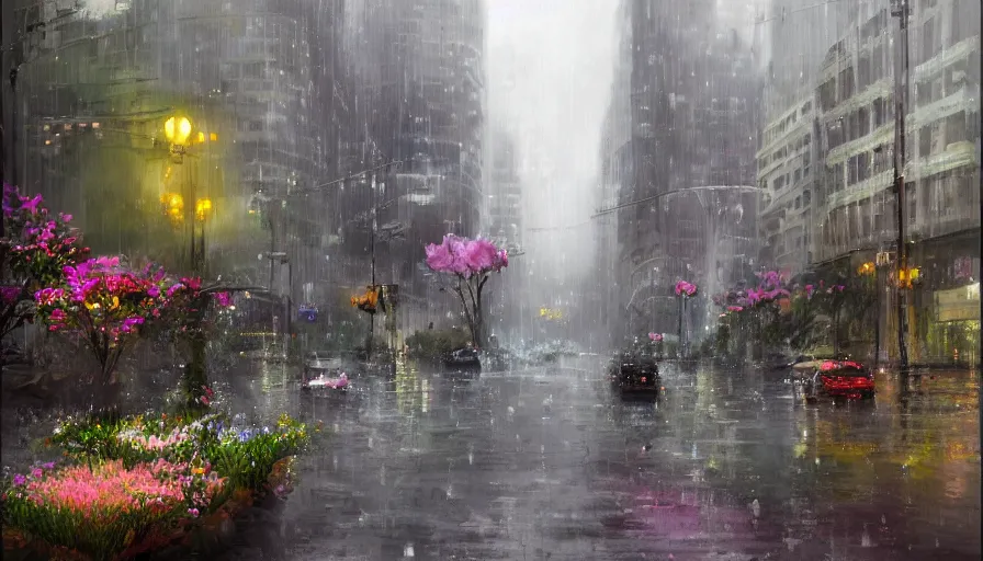 Image similar to city full of flowers, plant and trees, during heavy rain, artstation