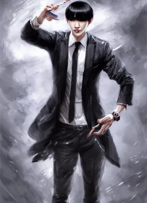 Prompt: a highly detailed illustration of attractive korean man with bowl cut black hair wearing shirt and tie, wielding giant black mist claws pose, tired expression, black mist surrounding background, intricate, elegant, highly detailed, centered, digital painting, artstation, concept art, smooth, sharp focus, league of legends concept art, wlop.