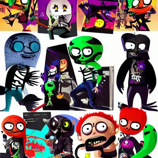 Prompt: psychic punk rocker electrifying rockstar squid guy with a vampire squid for a head concept character designs of various shapes and sizes by genndy tartakovsky and splatoon by nintendo and the psychonauts franchise by doublefine tim shafer artists as well as the artist for the new hotel transylvania film