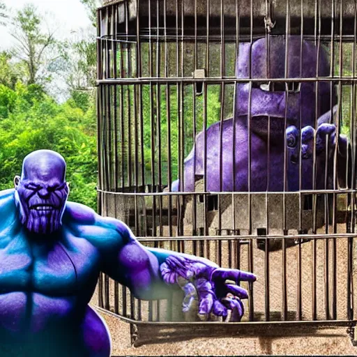 Prompt: Thanos in a cage, being watched by a family at the zoo