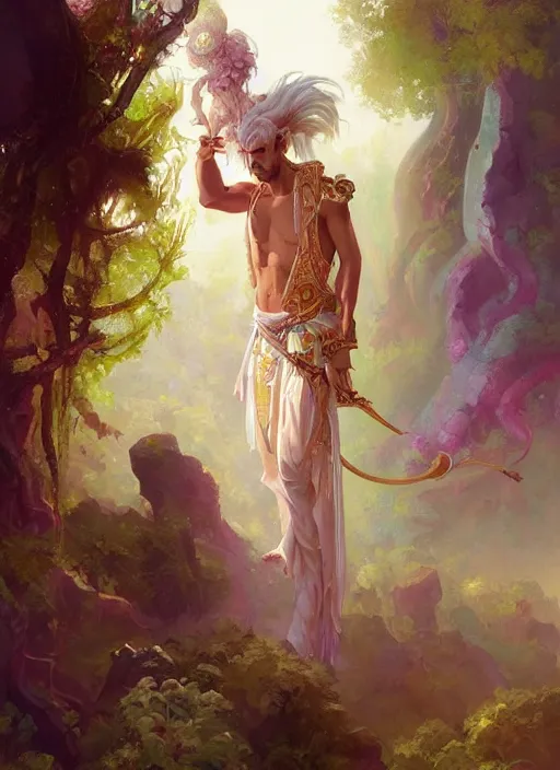 Image similar to a beautiful detailed painting of a gypsy male bard in colorful rainbow firion ornate robes robes, pale skin, white hair, master of dreams art by jon foster trending on artstation painted by greg rutkowski, painted by peter mohrbacher