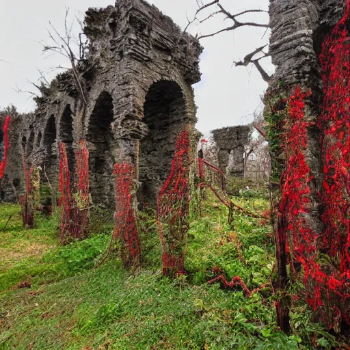 Image similar to the ruins of a giant village made out of stone, overgrown with red and black vines