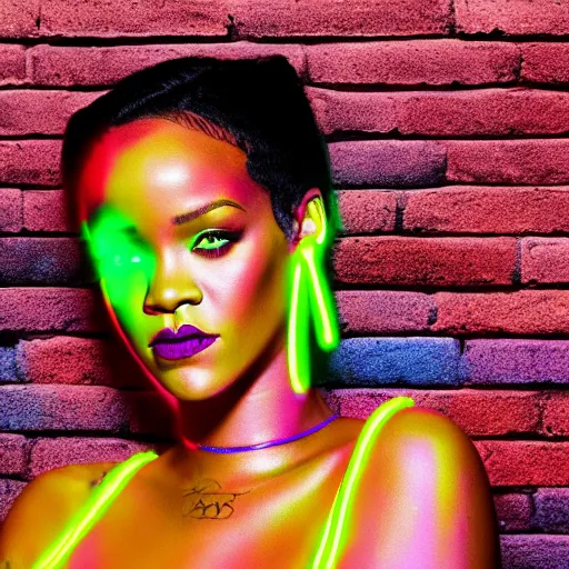 Prompt: Neon Wall art of Rihanna, Brick Background, 4K