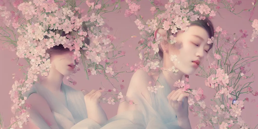 Image similar to delicate detailed concept art painting pattern blend of flowers and girls, by hsiao - ron cheng, bizarre compositions, exquisite detail, pastel colors, 8 k