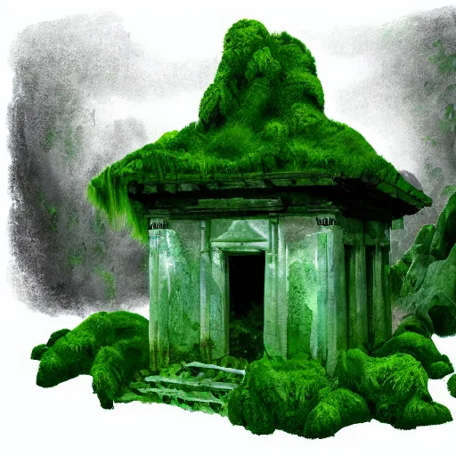 Prompt: an abandoned temple that's covered in moss, bright night sky, digital painting