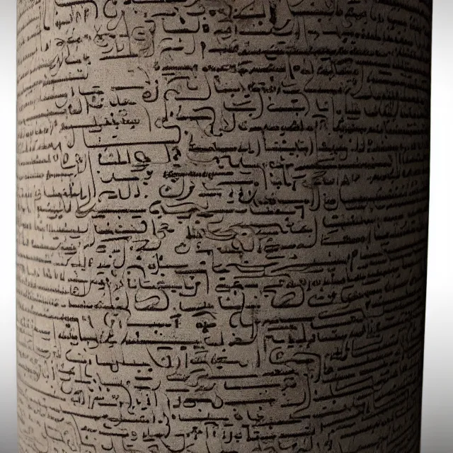 Prompt: a full realistic photo of a tall and thin cylindrical clay dead sea scroll jar with two sentences of nabatean aramaic, dark, brooding, atmospheric, volume lighting