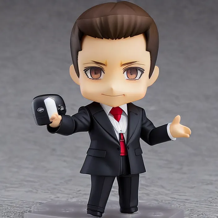 Image similar to a anime nendoroid of elon musk wear giorgio armani suits and black shoe, car tesla 3, figurine, smile, product photo, detailed