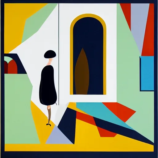 Image similar to A painting of person standing in a doorway, abstract painting in the style of Sophie Taeuber-Arp and Gary Hume and Tatsuro Kiuchi, flat colour-block style, geometric abstraction, deep earthy colours