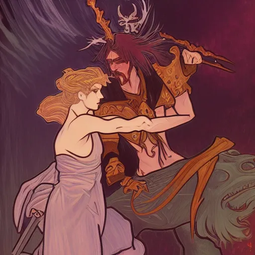 Prompt: a necromancer fighting another warlock with magic, epic , Grim fantasy, illustration , concept art, Alphonse Mucha style,