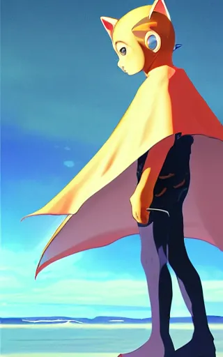 Image similar to little boy with cat ears wearing an latex suit with cape walking on ocean. digital painting made by makoto shinkai and james jean, perfect composition