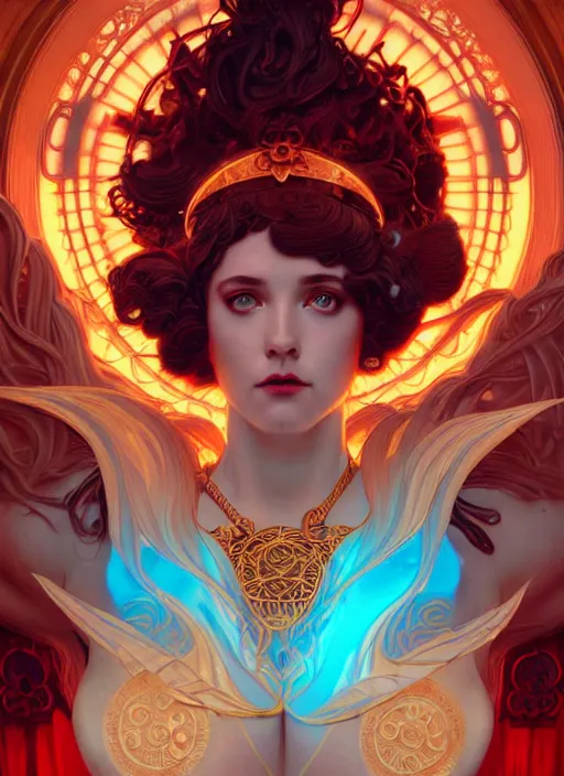 Image similar to the goddess hestia, hair of fire, full body, steampunk, glowing eyes, volumetric lights, red and cyan theme, art nouveau botanicals, intricate, highly detailed, digital painting, artstation, concept art, smooth, sharp focus, cinematic, illustration, beautiful face, art by artgerm and greg rutkowski and alphonse mucha