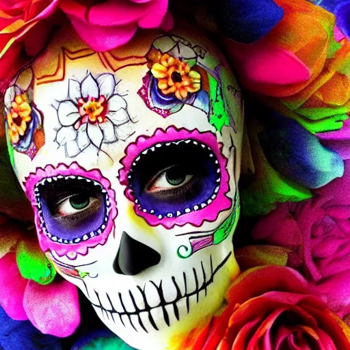 Image similar to beautiful dia de muertos sugar skull artwork on a real human skull, 1 6 k resolution, ultra realistic, highly detailed, colorful, festive