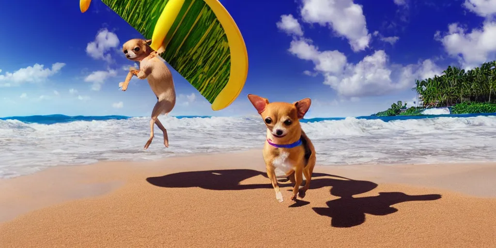 Prompt: chihuahua surfing tropical background waves focus photography 4k hyper realism surreal sunny beach