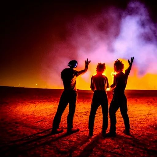 Image similar to photograph of three ravers photographed from behind, talking around a fire, photorealistic, dancefloor kismet, diverse costumes, clean composition, desert transition area, bonfire, night, australian desert, xf iq 4, symmetry, sony a 7 r, 1 5 0 mp, 5 0 mm