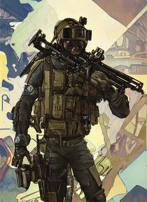 Image similar to Hector. USN blackops operator emerging from water near abandoned shipyard. Agent wearing Futuristic stealth suit. rb6s, MGS, and splinter cell Concept art by James Gurney, Alphonso Mucha. Vivid color scheme.