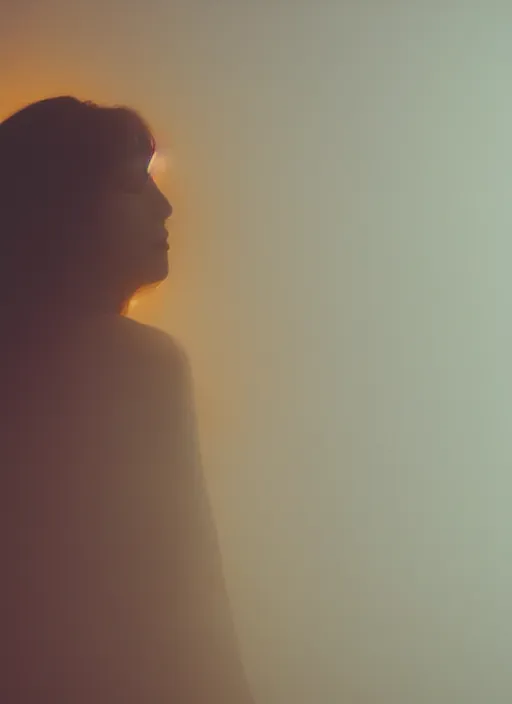 Prompt: a female silhouette, bright glowing translucent aura, fog, film grain, cinematic lighting