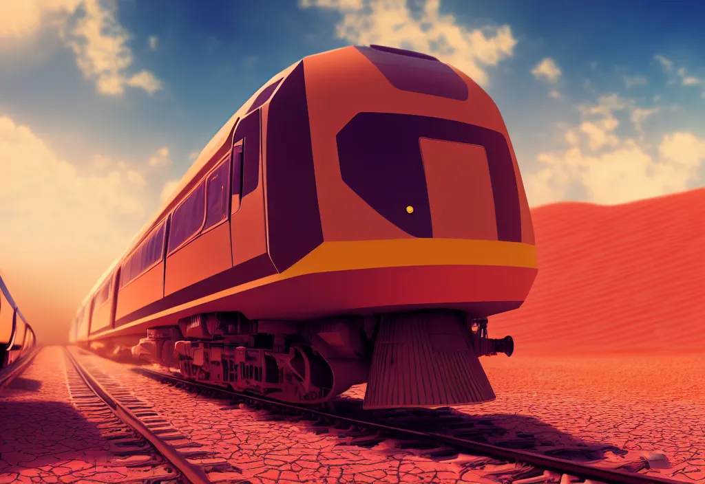 Image similar to futuristic train in a desert, painting, octane render, 4 k, anime sky, warm colors