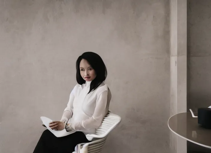 Image similar to young adult filipino woman in a coffee shop wearing an avant garde outfit designed by zaha hadid, natural light, magazine photo, 5 0 mm