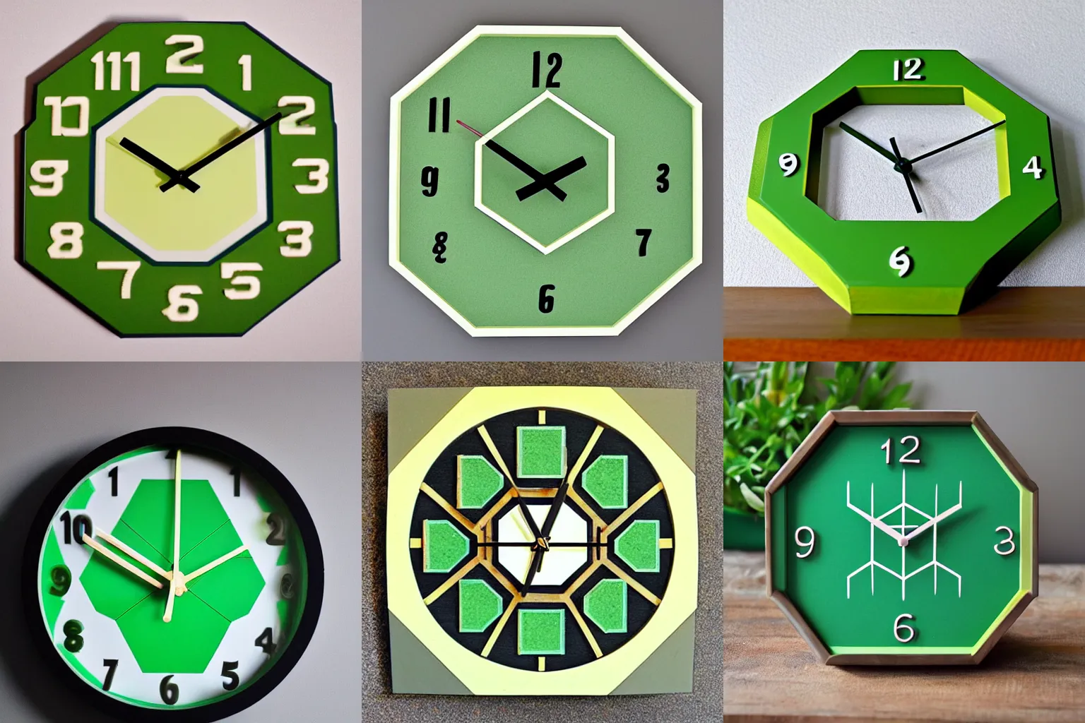 Prompt: an hexagonal green clock