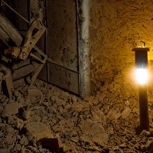 Image similar to Flashlight in abandoned mineshaft, dark, dust, dirt yellow, old wood, darkness, alone