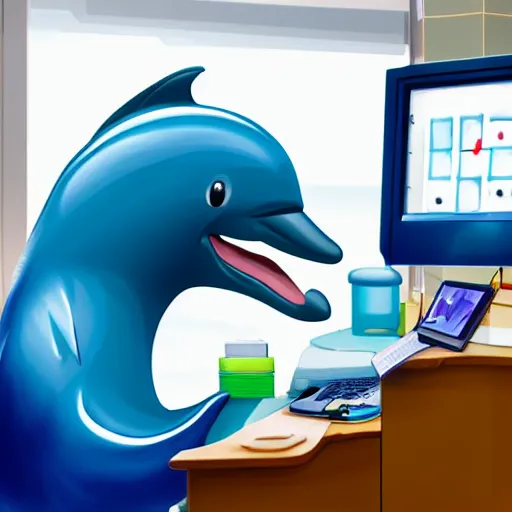 Image similar to A dolphin wearing a chemist outfit playing games on a computer, 4k, award-winning photography