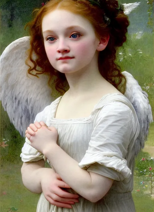 Prompt: Angel Sadie Elizabeth Sink , barefoot In the style of william adolphe bouguereau